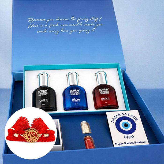 Eternal Ganesha Gold Plated Silver Rakhi x Bombay Shaving Perfume Gift Hamper