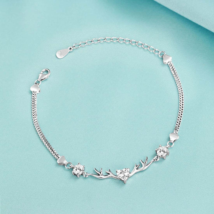 925 Sterling Silver bracelet for women with sparkling heart crystal, antler design and double chain – Zavya