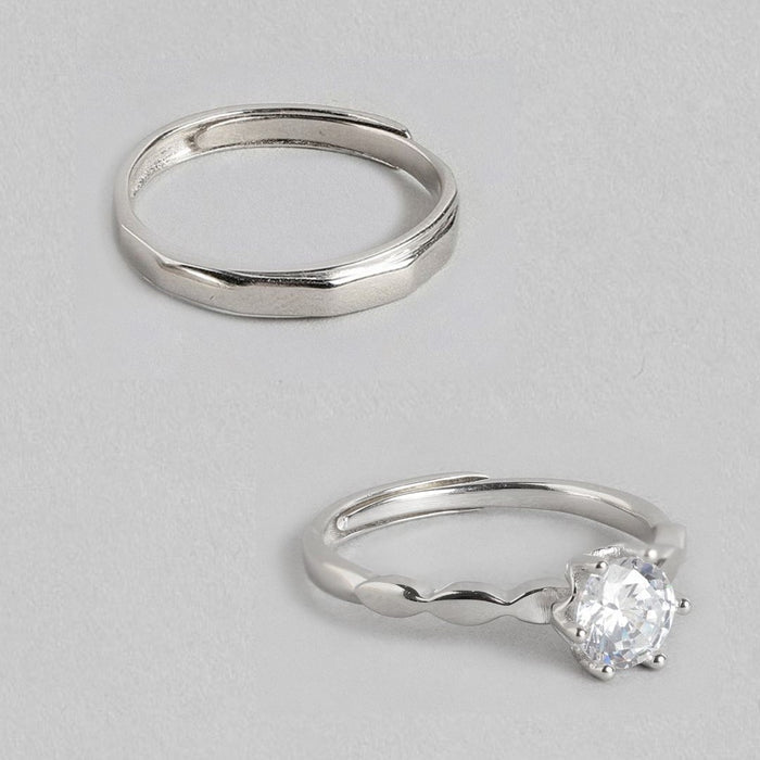 Eternal Radiance Rhodium-Plated 925 Sterling Silver Couple Ring (Adjustable)