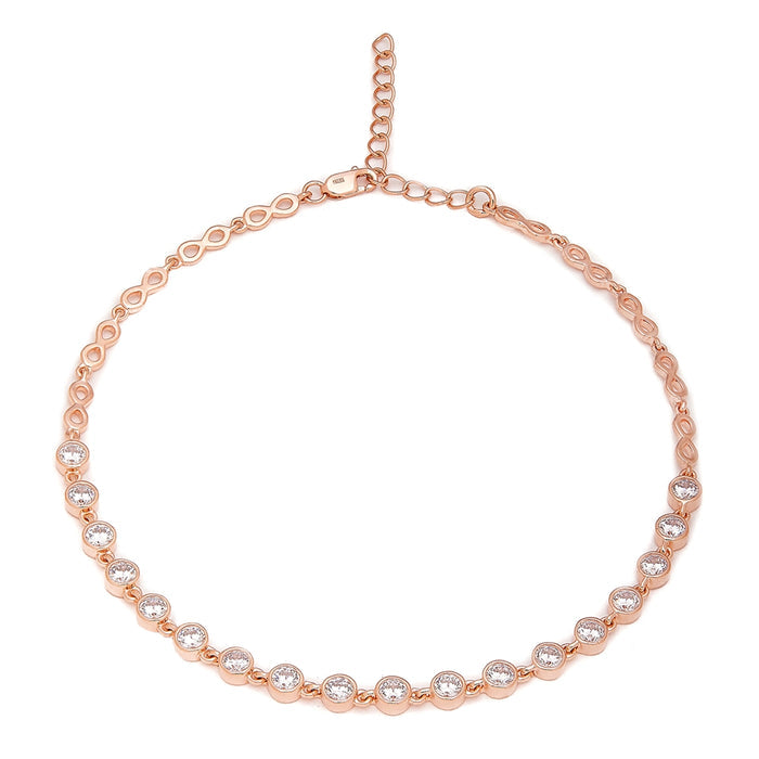 Women's rose gold-plated 925 Sterling Silver anklet featuring clear crystals and infinity links. – Zavya