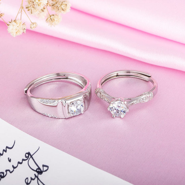 Eternal Spark Rhodium-Plated 925 Sterling Silver Cubic Zirconia Couple Ring (Adjustable)