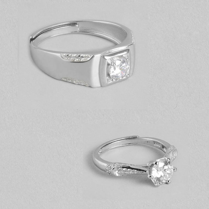 Eternal Spark Rhodium-Plated 925 Sterling Silver Cubic Zirconia Couple Ring (Adjustable)