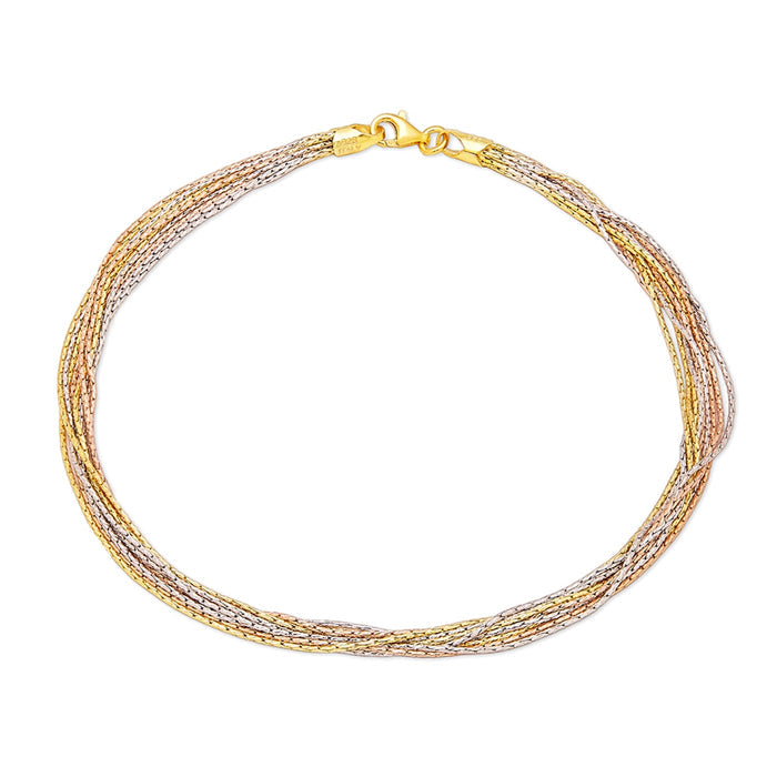 Eternal Sparkle Layered Bouquet Triple-Tone Plated 925 Sterling Silver Anklet