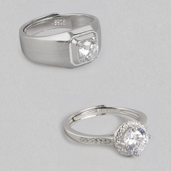 Eternal Sparkle Rhodium-Plated 925 Sterling Silver Couple Ring (Adjustable)