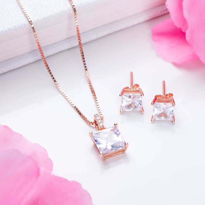Eternal Sparkle Square Solitaire Rose Gold-Plated 925 Sterling Silver Jewellery Set