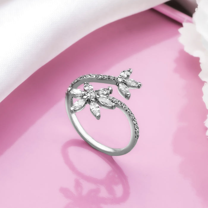 Eternal Sparkles Leaf Rhodium-Plated Cubic Zirconia 925 Sterling Silver Ring (Adjustable)
