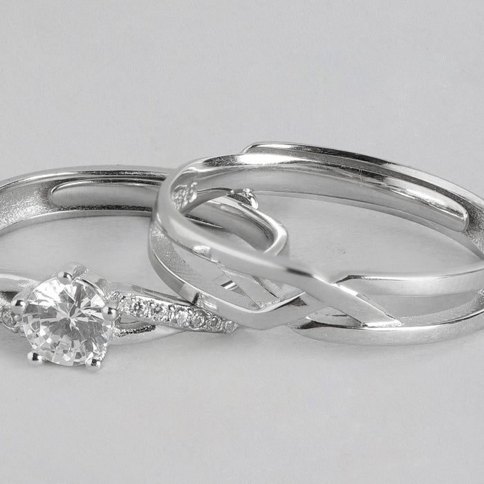 Eternal Unity CZ Rhodium Plated 925 Sterling Silver Couple Ring (Adjustable)