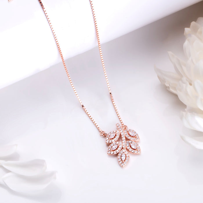 Ethereal Elegance 925 Sterling Silver Rose Gold-Plated Leaf Necklace