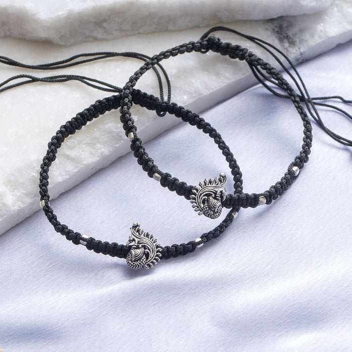 Ethereal Plumage Black Thread 925 Sterling Silver Peacock Anklet