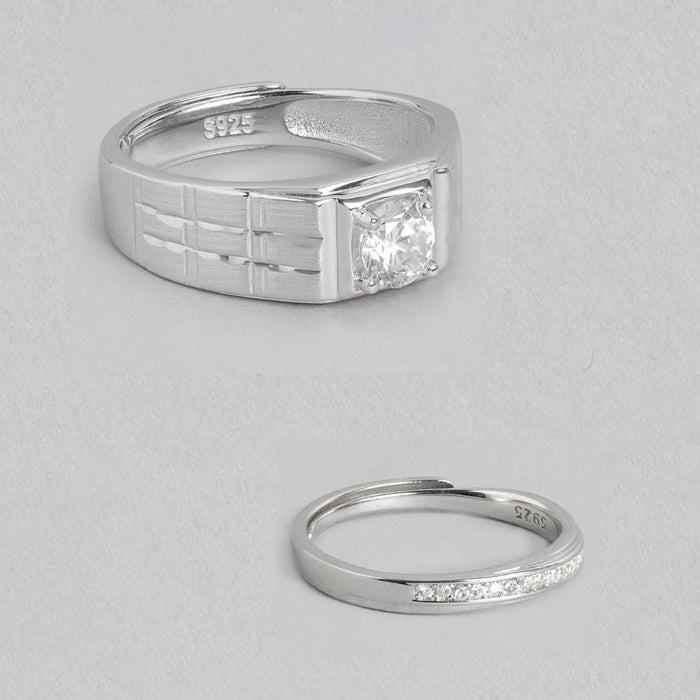Everlasting Bliss Rhodium-Plated 925 Sterling Silver Solitaire Couple Ring (Adjustable)