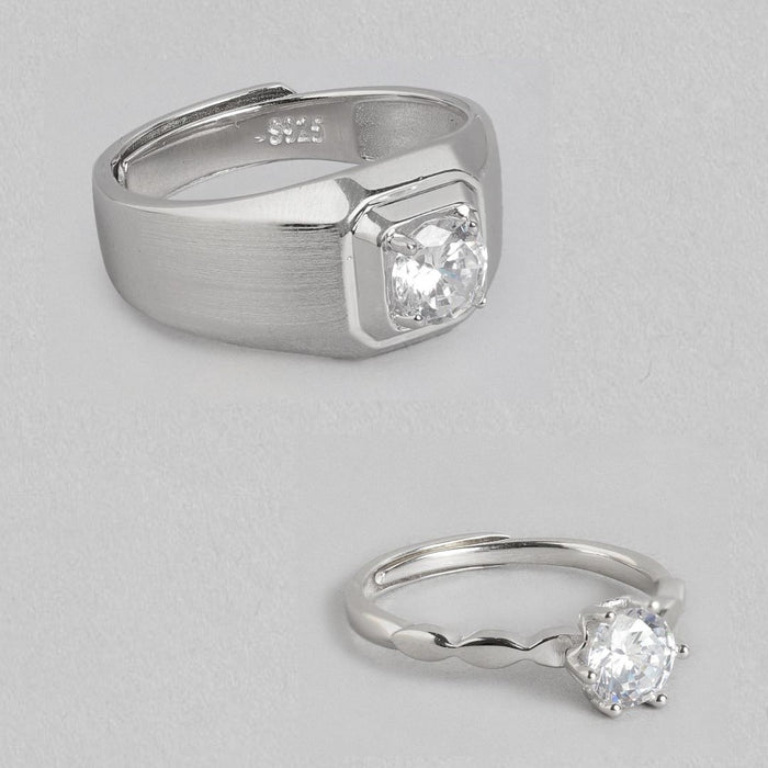 Everlasting Union Solitaire Rhodium-Plated 925 Sterling Silver Couple Ring (Adjustable)