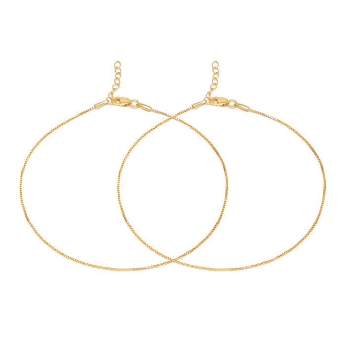 Two gold-plated 925 Sterling Silver box chain anklets for women. Minimalist everyday jewellery. – Zavya