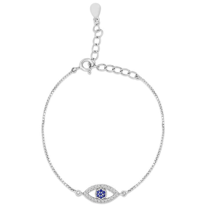 Women's 925 Sterling Silver evil eye bracelet with blue stones on an adjustable silver chain – Zavya