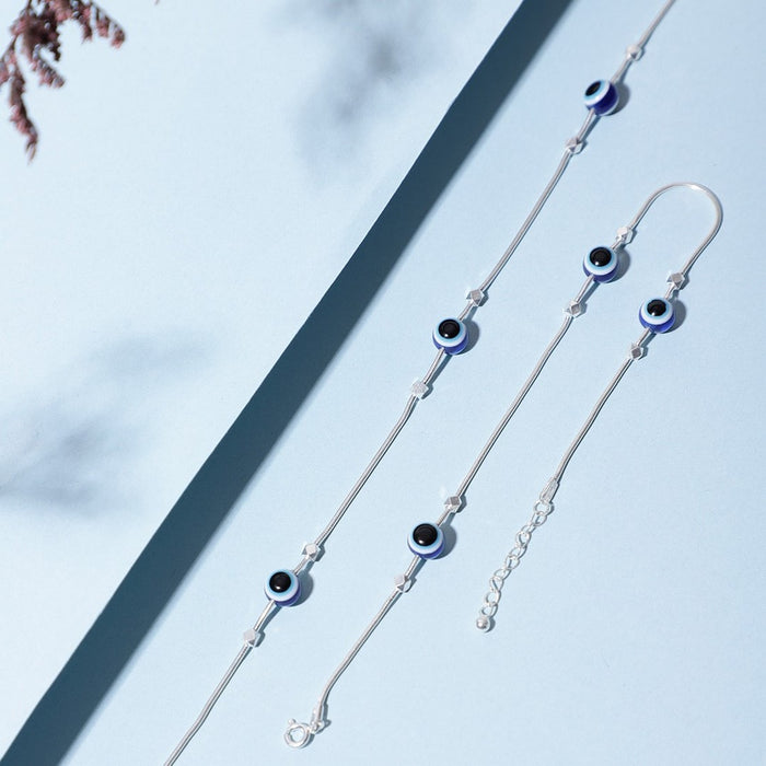 Evil Eye Beaded Rhodium Plated 925 Sterling Silver Chain Anklet