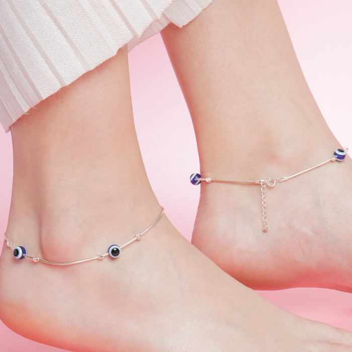Evil Eye Beaded Rhodium Plated 925 Sterling Silver Chain Anklet