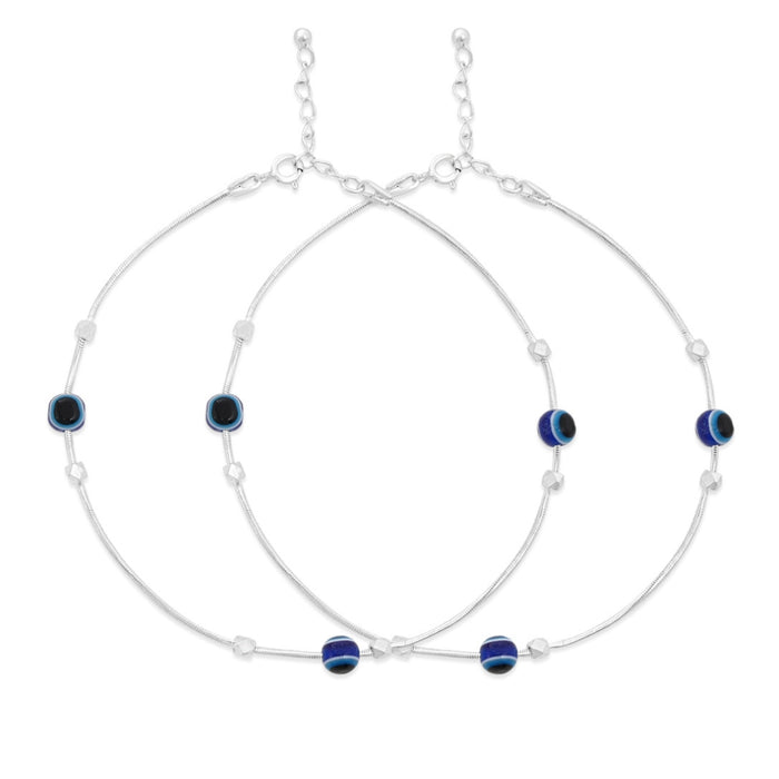 Evil Eye Beaded Rhodium Plated 925 Sterling Silver Chain Anklet