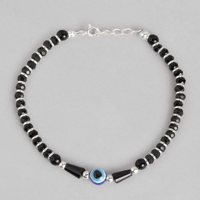 Women's 925 Sterling Silver evil eye bracelet with faceted black beads and silver spacers. – Zavya