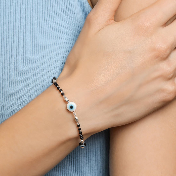 Evil Eye Charm 925 Silver Black Beaded Bracelet (Adjustable)