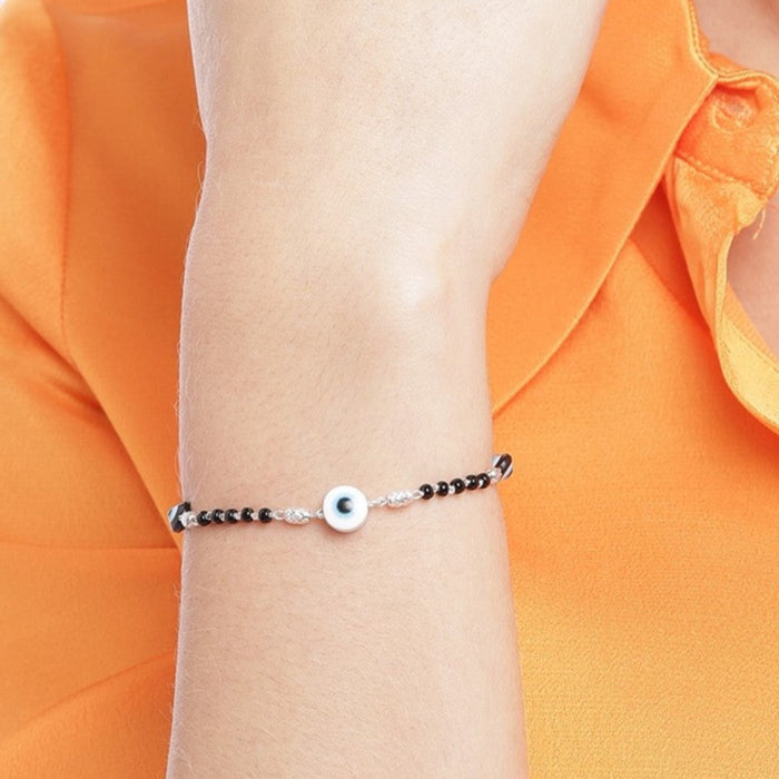 Evil Eye Charm 925 Silver Black Beaded Bracelet (Adjustable)