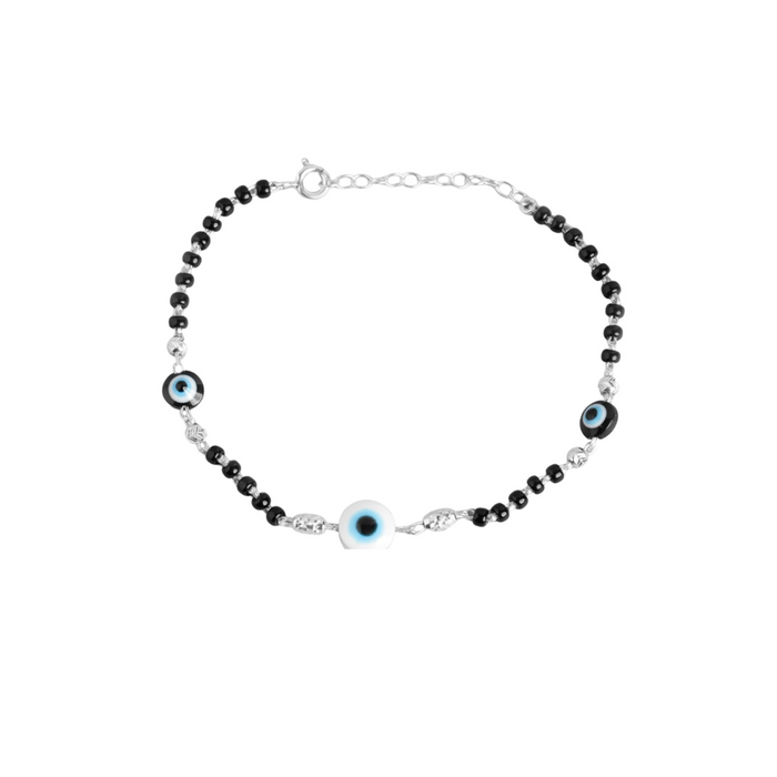 Evil Eye Charm 925 Silver Black Beaded Bracelet (Adjustable)