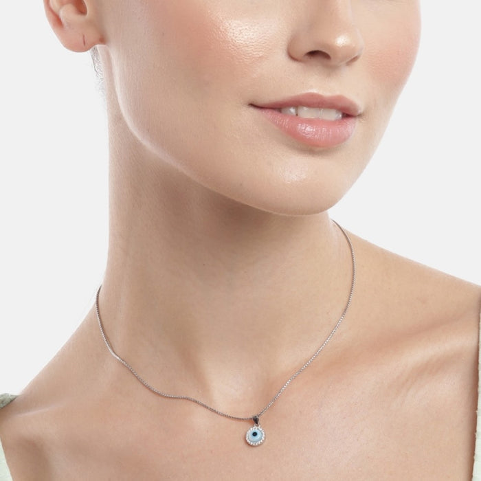 Evil Eye Guardian Rhodium Plated CZ 925 Sterling Silver Necklace