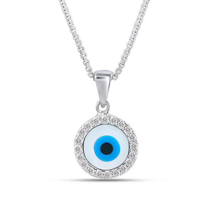 Evil Eye Guardian Rhodium Plated CZ 925 Sterling Silver Necklace