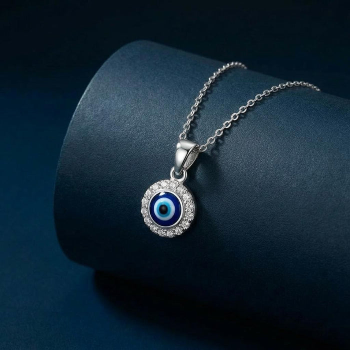 Evil Eye Halo Rhodium Plated 925 Silver Pendant with link Chain