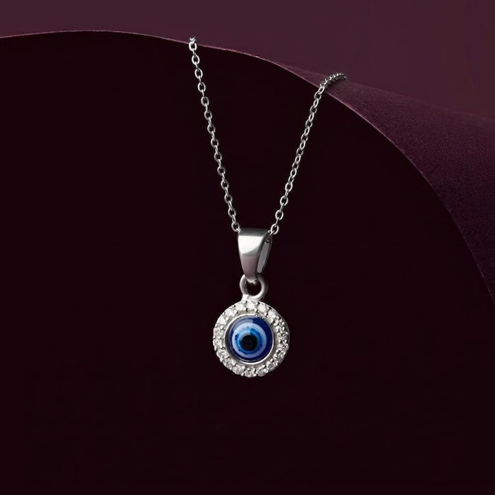 Evil Eye Halo Rhodium Plated 925 Silver Pendant with Link Chain