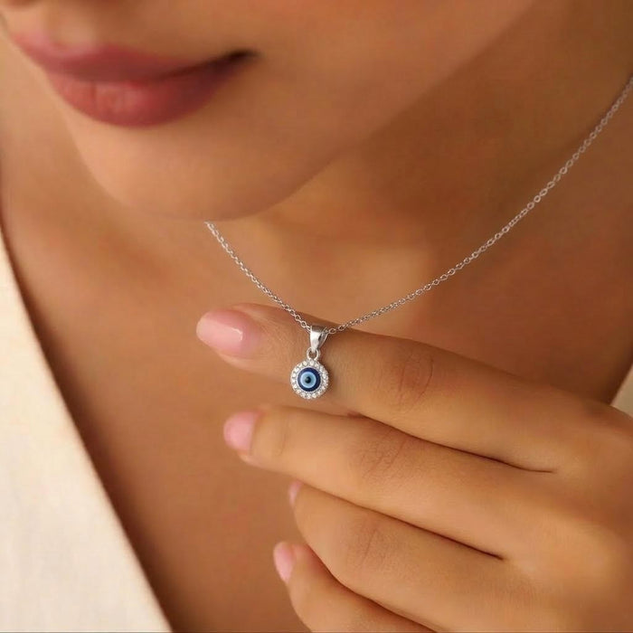 Evil Eye Halo Rhodium Plated 925 Silver Pendant with Link Chain