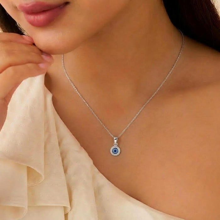 Evil Eye Halo Rhodium Plated 925 Silver Pendant with Link Chain