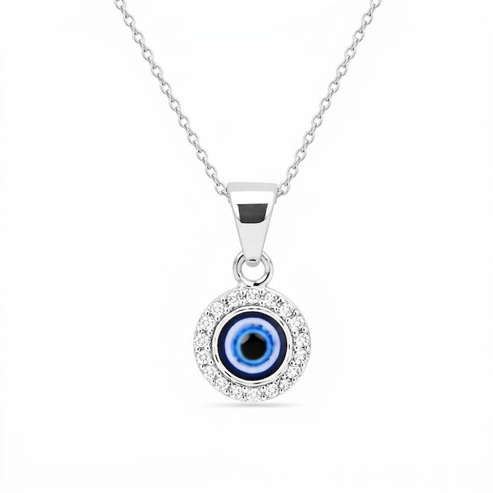 Evil Eye Halo Rhodium Plated 925 Silver Pendant with link Chain
