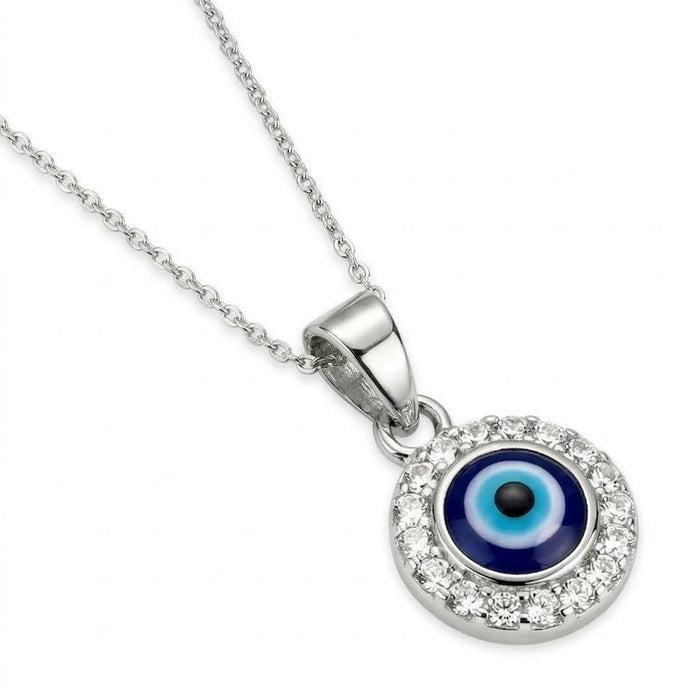 Evil Eye Halo Rhodium Plated 925 Silver Pendant with link Chain