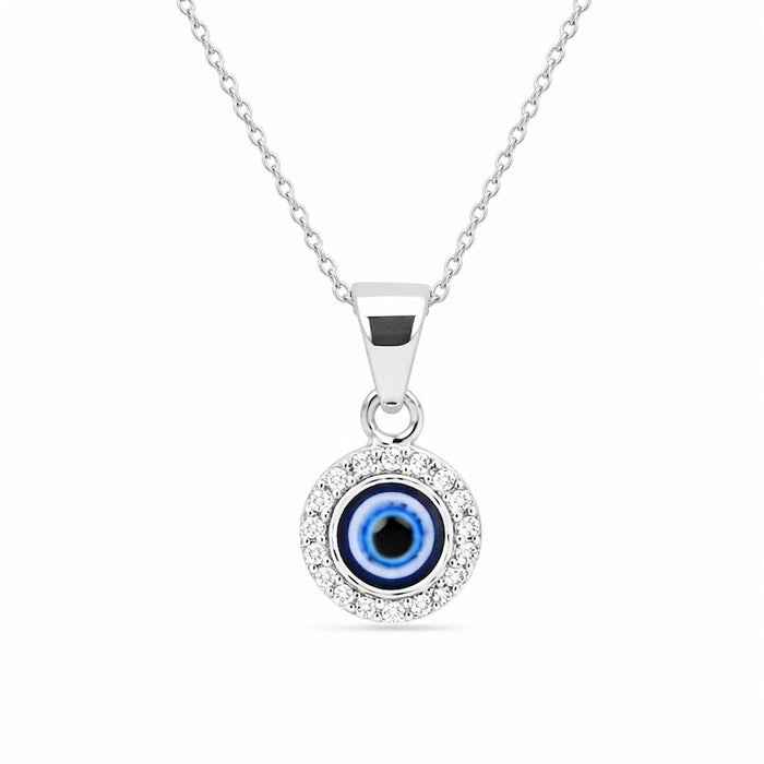 Evil Eye Halo Rhodium Plated 925 Silver Pendant with Link Chain
