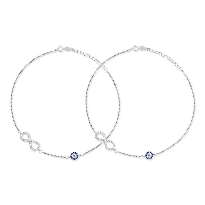 Two 925 Sterling Silver anklets for women with crystal infinity and blue evil eye charms – Zavya