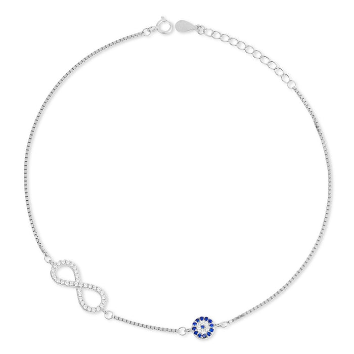Women's 925 Sterling Silver anklet with crystal infinity and blue evil eye charms. Fine jewelry – Zavya