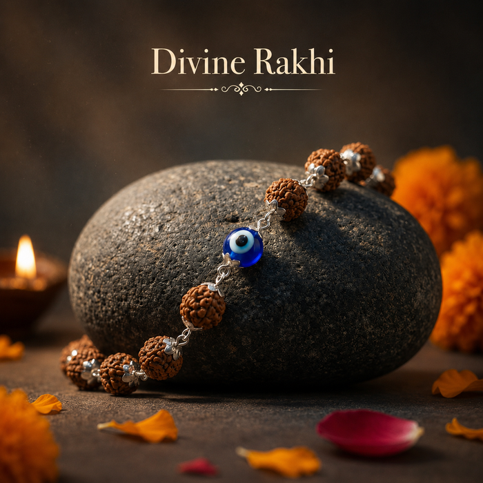 Evil Eye Rudraksha Bracelet with blue Evil Eye charm and silver-toned caps