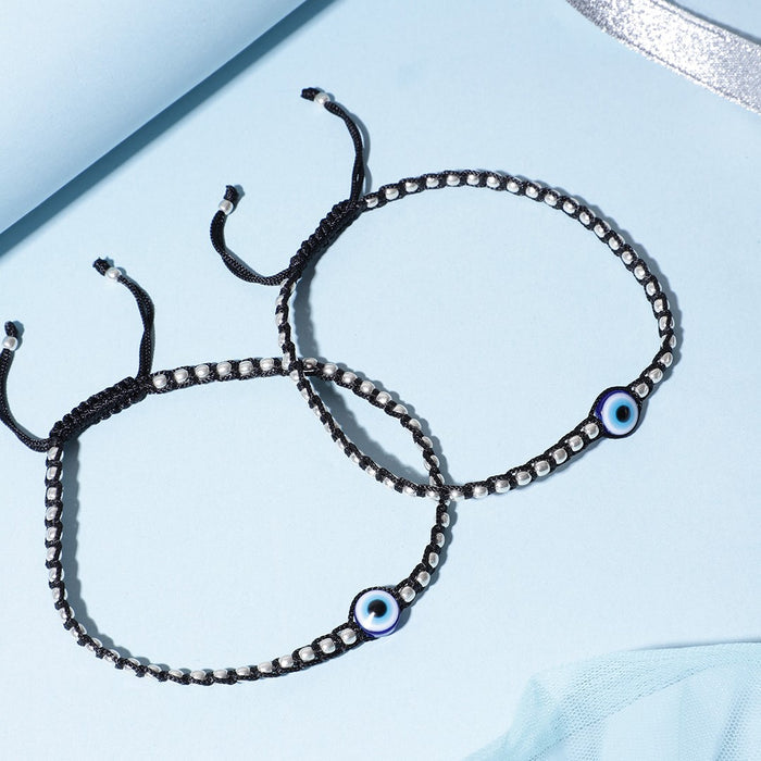 Evil Eye Single Bead Rhodium Plated 925 Sterling Silver Thread Anklet