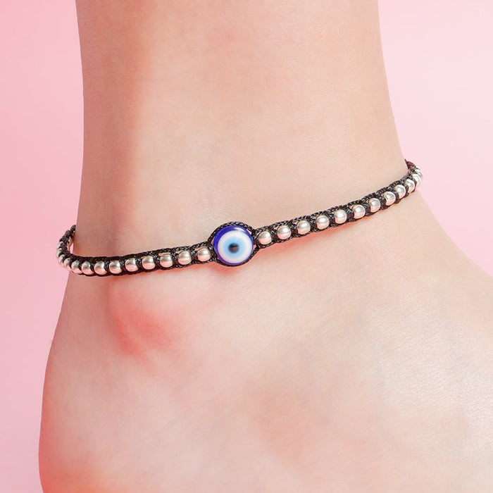 Evil Eye Single Bead Rhodium Plated 925 Sterling Silver Thread Anklet