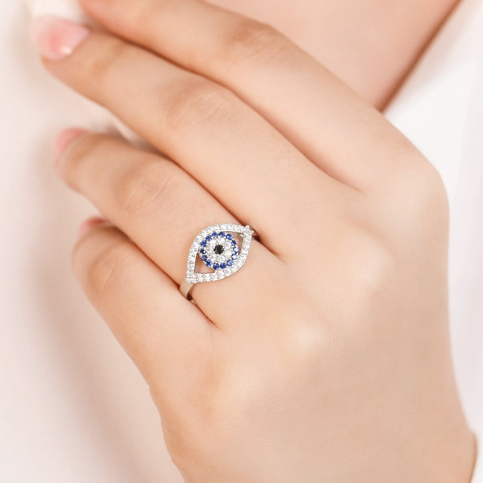 Eyes of Protection Rhodium-Plated CZ 925 Sterling Silver Ring (Adjustable)