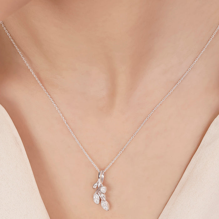 Falling Leaf CZ Rhodium Plated 925 Silver Necklace
