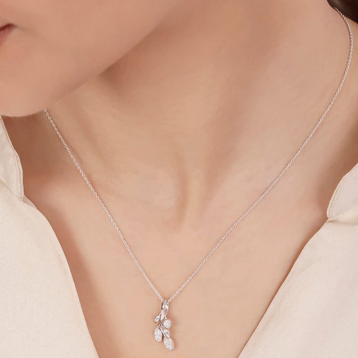 Falling Leaf CZ Rhodium Plated 925 Silver Necklace
