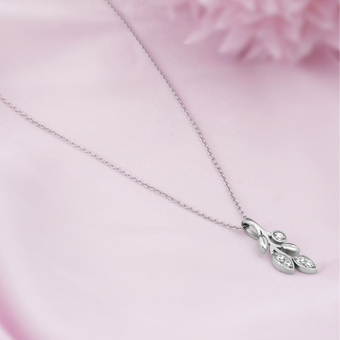 Falling Leaf CZ Rhodium Plated 925 Silver Necklace