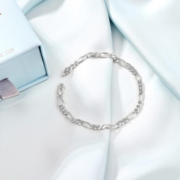 Figaro Rhodium Plated 925 Sterling Silver Mens Chain Bracelet