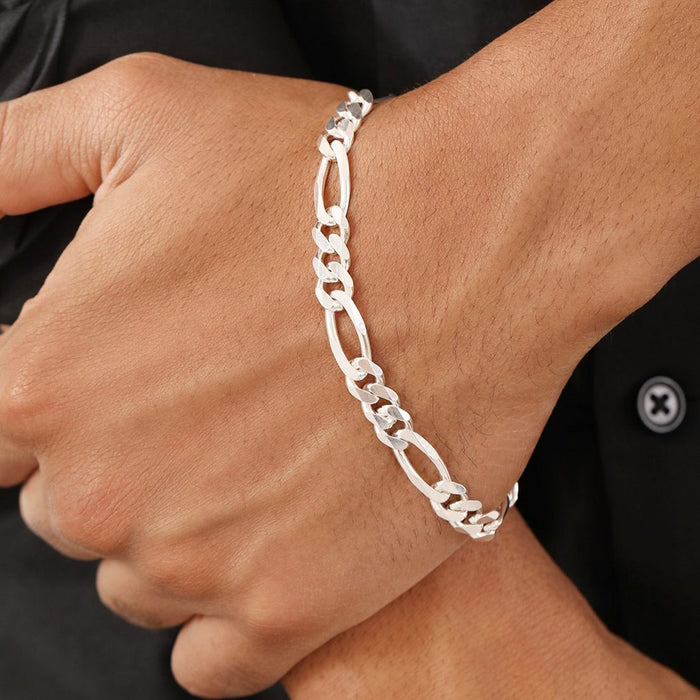 Figaro Rhodium Plated 925 Sterling Silver Mens Chain Bracelet