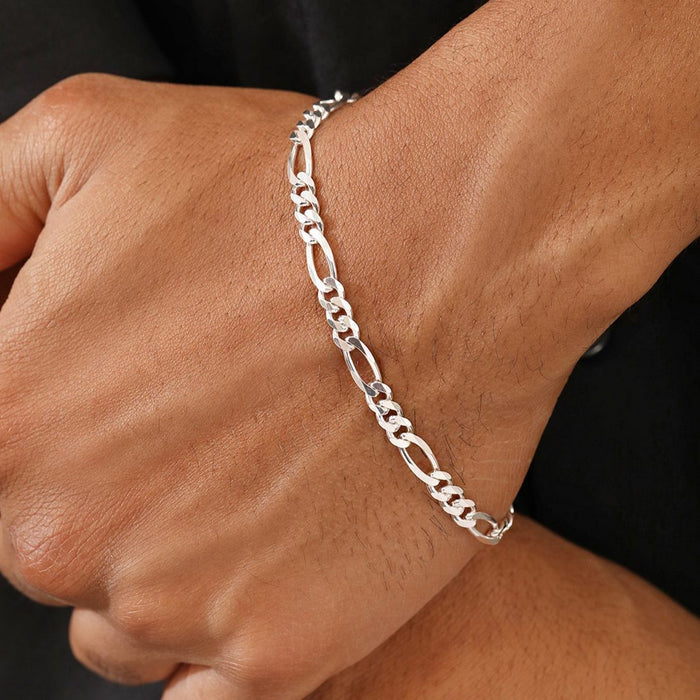 Figaro Rhodium Plated 925 Sterling Silver Mens Chain Bracelet