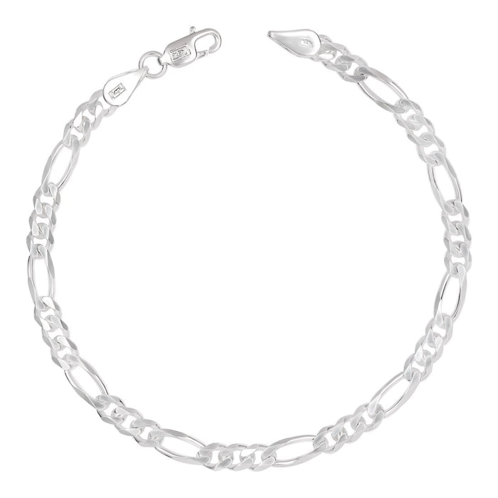 Figaro Rhodium Plated 925 Sterling Silver Mens Chain Bracelet
