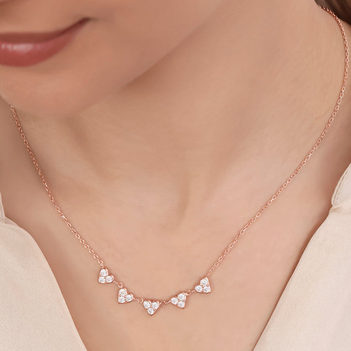 Five Heart Essence CZ Rose Gold Plated 925 Silver Necklace