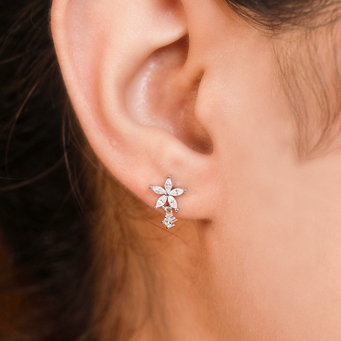 Five Petal CZ Star Rhodium Plated 925 Silver Stud Earrings