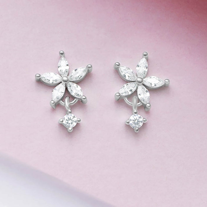 Five Petal CZ Star Rhodium Plated 925 Silver Stud Earrings