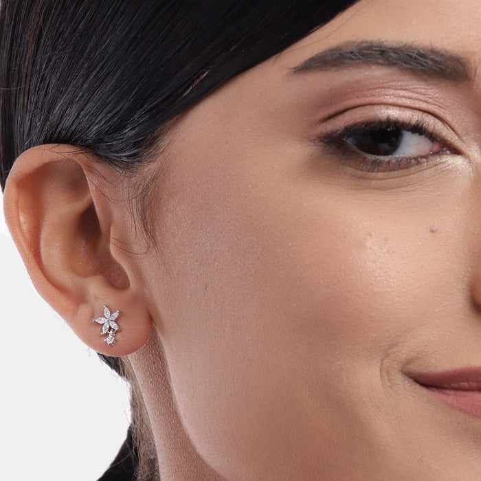 Five Petal CZ Star Rhodium Plated 925 Silver Stud Earrings